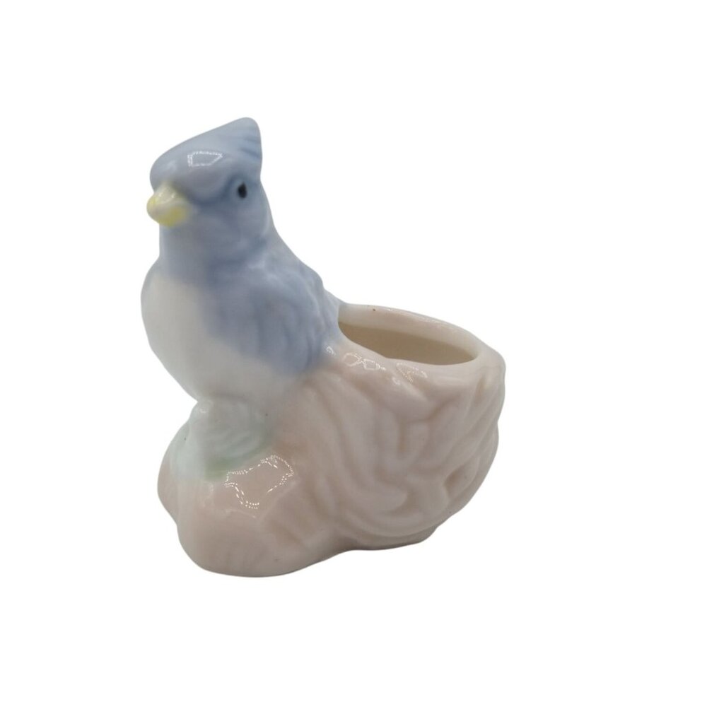 Blue Jay Toothpick Holder Vintage Porcelain 2.25 In Miniature Bird Nest Decor